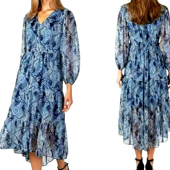 JOIE Women's XXL Blue‎ Parisian Paisley Long Sleeve Chiffon Tiered Midi Dress - Picture 1 of 10